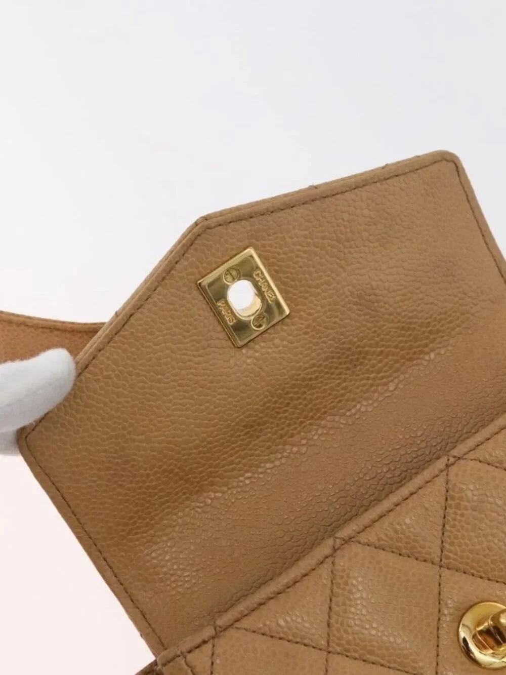 CHANEL Matelasse Waist Bag Grained Calf Skin Beige Gold CC Auth BA12986V
